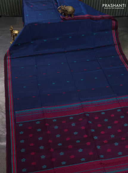 Kora silk cotton saree peacock blue and magenta pink with allover thread woven buttas and thread woven border