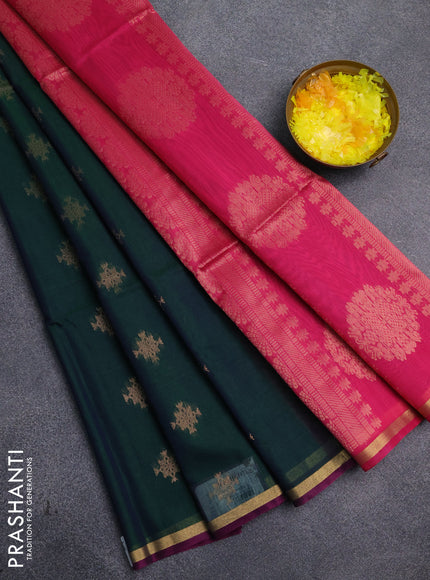 Kora silk cotton saree bottle green and pink with zari woven buttas and small zari woven border