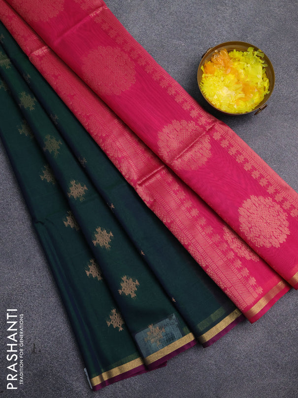 Kora silk cotton saree bottle green and pink with zari woven buttas and small zari woven border