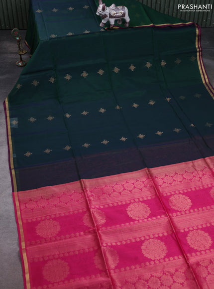Kora silk cotton saree bottle green and pink with zari woven buttas and small zari woven border