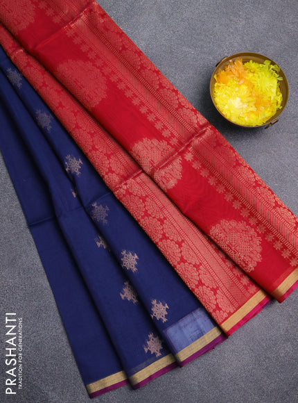 Kora silk cotton saree blue and pink with zari woven buttas and small zari woven border