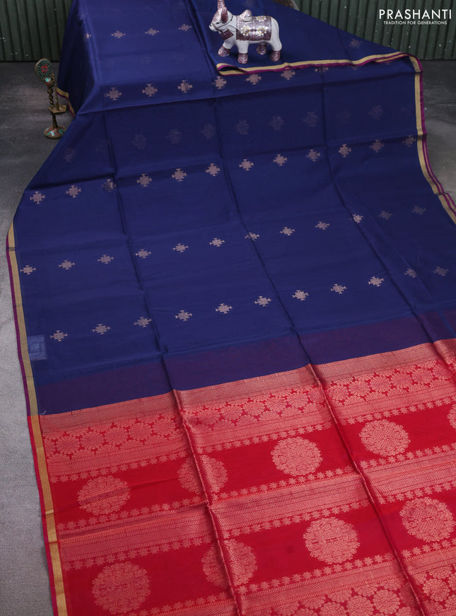 Kora silk cotton saree blue and pink with zari woven buttas and small zari woven border