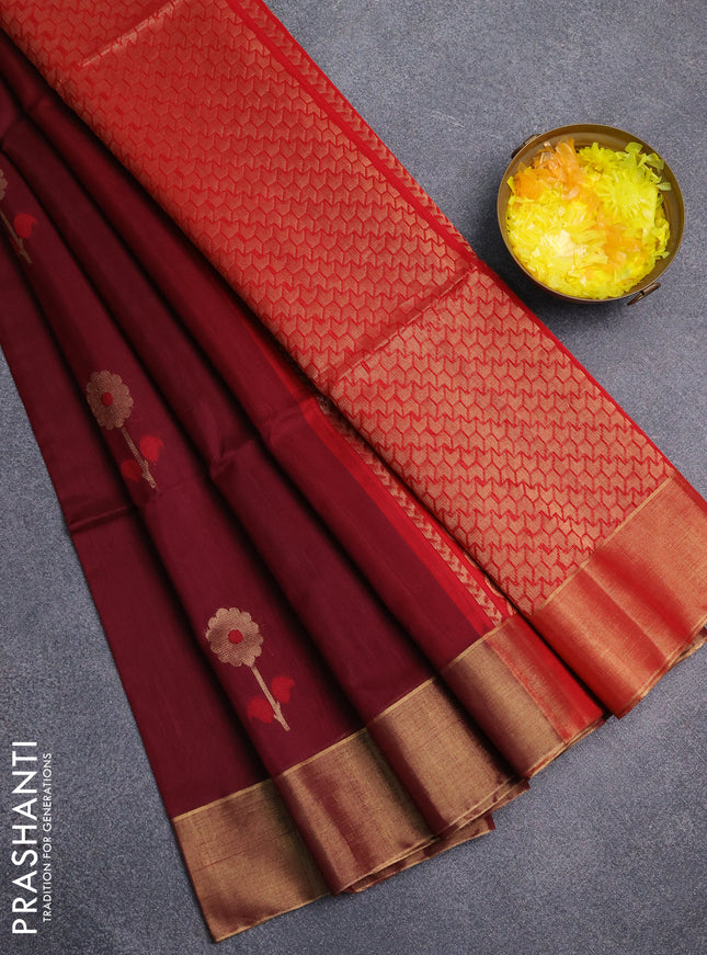Kora silk cotton saree maroon and red with thread & zari woven floral buttas and zari woven border