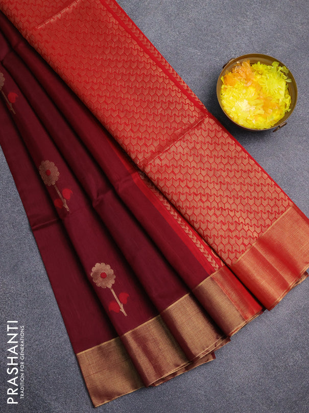 Kora silk cotton saree maroon and red with thread & zari woven floral buttas and zari woven border
