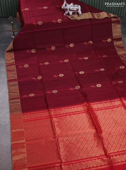 Kora silk cotton saree maroon and red with thread & zari woven floral buttas and zari woven border