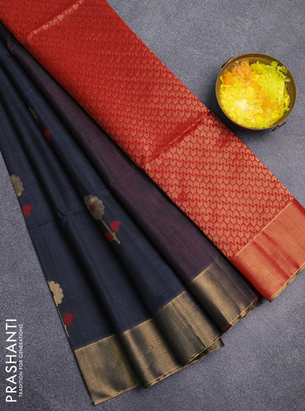 Kora silk cotton saree dark grey and red with thread & zari woven floral buttas and zari woven border