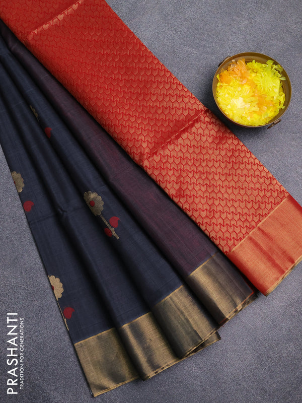 Kora silk cotton saree dark grey and red with thread & zari woven floral buttas and zari woven border