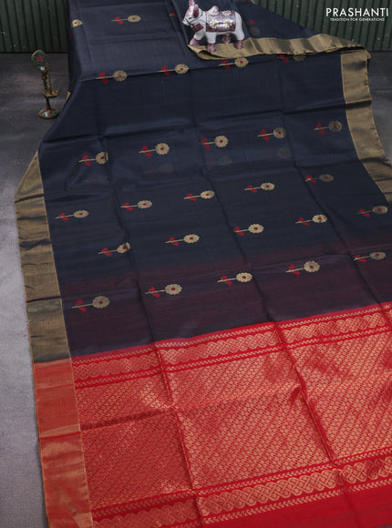 Kora silk cotton saree dark grey and red with thread & zari woven floral buttas and zari woven border