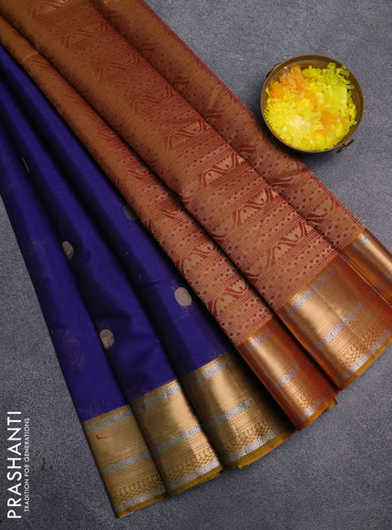 Kora silk cotton saree blue and mustard yellow with silver & zari woven buttas and zari woven border