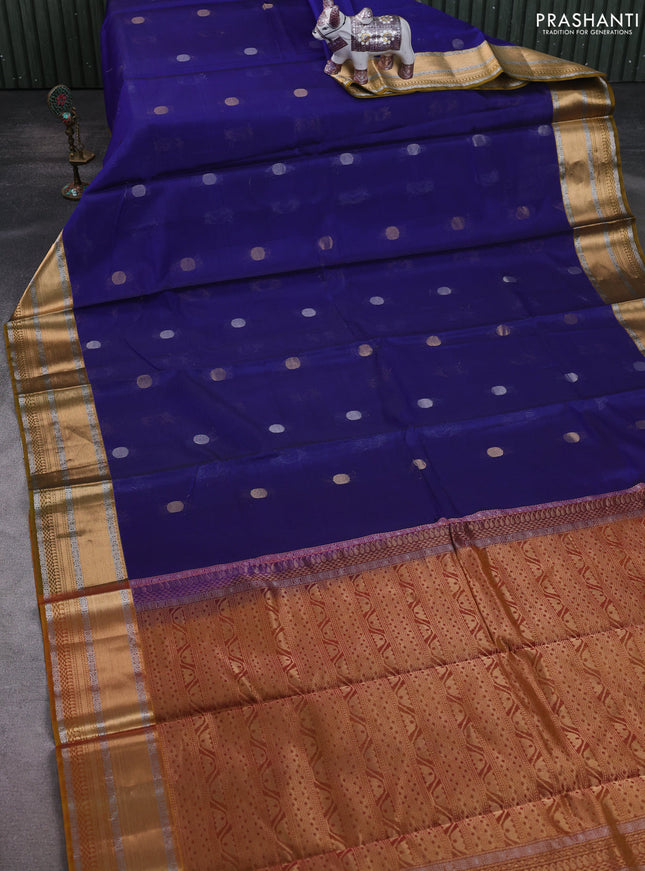 Kora silk cotton saree blue and mustard yellow with silver & zari woven buttas and zari woven border