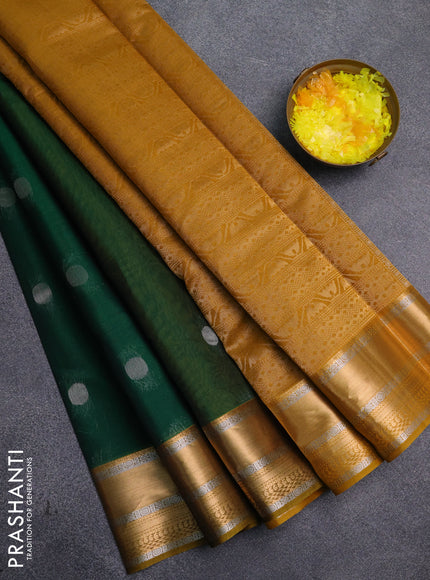 Kora silk cotton saree green and mustard yellow with silver & zari woven buttas and zari woven border