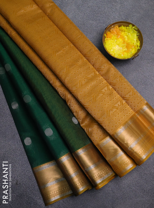 Kora silk cotton saree green and mustard yellow with silver & zari woven buttas and zari woven border