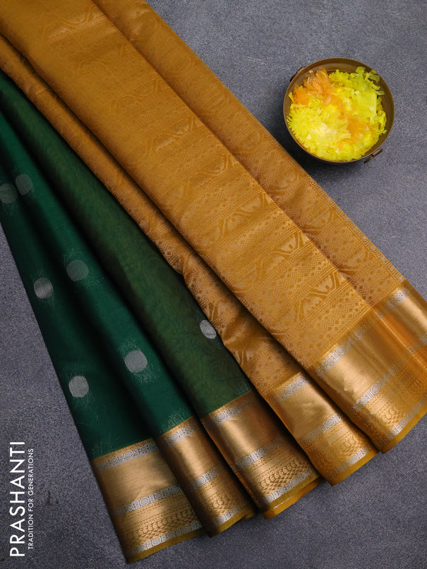 Kora silk cotton saree green and mustard yellow with silver & zari woven buttas and zari woven border