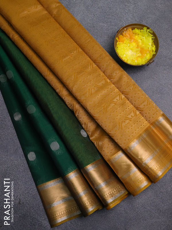 Kora silk cotton saree green and mustard yellow with silver & zari woven buttas and zari woven border