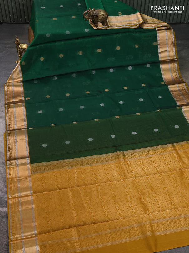 Kora silk cotton saree green and mustard yellow with silver & zari woven buttas and zari woven border