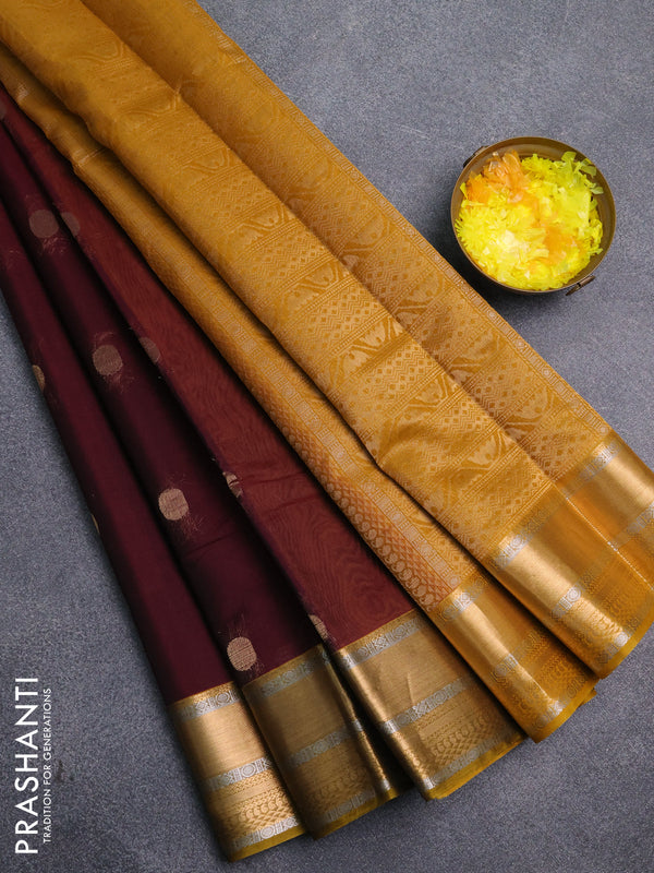 Kora silk cotton saree deep wine and mustard yellow with silver & zari woven buttas and zari woven border