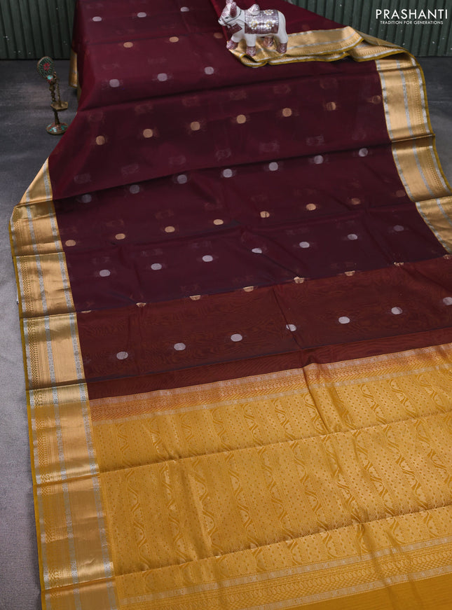 Kora silk cotton saree deep wine and mustard yellow with silver & zari woven buttas and zari woven border
