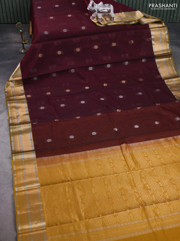 Kora silk cotton saree deep wine and mustard yellow with silver & zari woven buttas and zari woven border