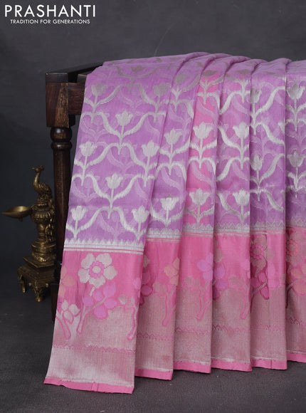 Kora jamdhani silk saree lavender and peach pink with allover silver woven jamdhani weaves and long floral zari woven border