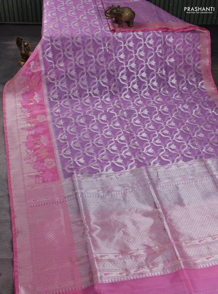 Kora jamdhani silk saree lavender and peach pink with allover silver woven jamdhani weaves and long floral zari woven border