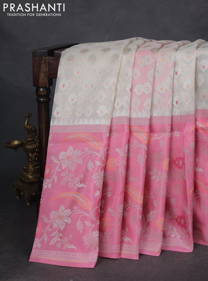 Kora jamdhani silk saree cream and peach pink with allover silver jamdhani butta weaves and long floral zari woven border