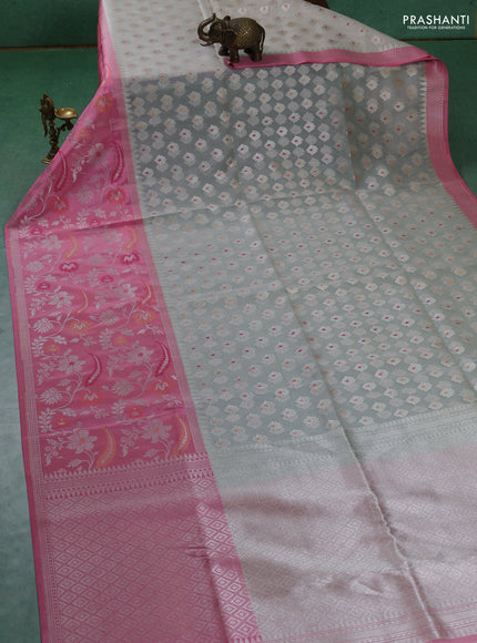 Kora jamdhani silk saree cream and peach pink with allover silver jamdhani butta weaves and long floral zari woven border