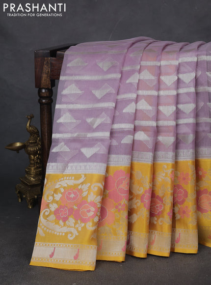 Kora jamdhani silk saree pastel purple shade and yellow with allover silver woven jamdhani weaves and long floral zari woven border