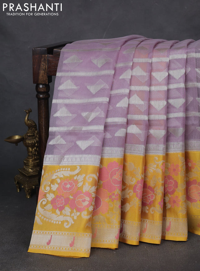 Kora jamdhani silk saree pastel purple shade and yellow with allover silver woven jamdhani weaves and long floral zari woven border