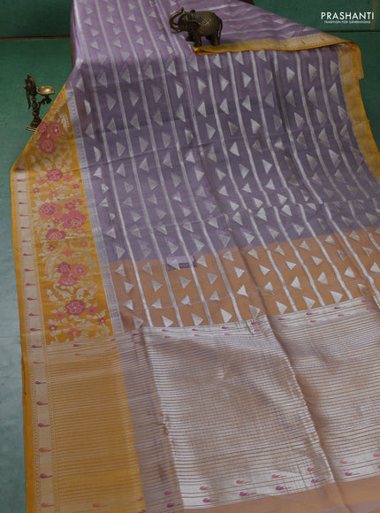 Kora jamdhani silk saree pastel purple shade and yellow with allover silver woven jamdhani weaves and long floral zari woven border