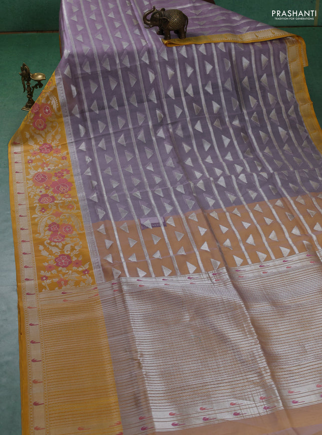 Kora jamdhani silk saree pastel purple shade and yellow with allover silver woven jamdhani weaves and long floral zari woven border