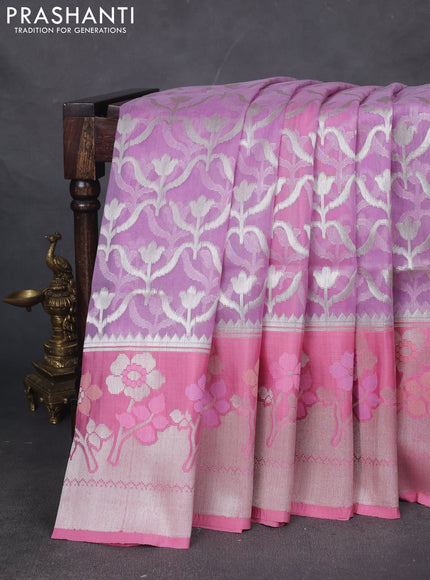 Kora jamdhani silk saree lavender and pink shade with allover silver woven jamdhani weaves and long floral zari woven border