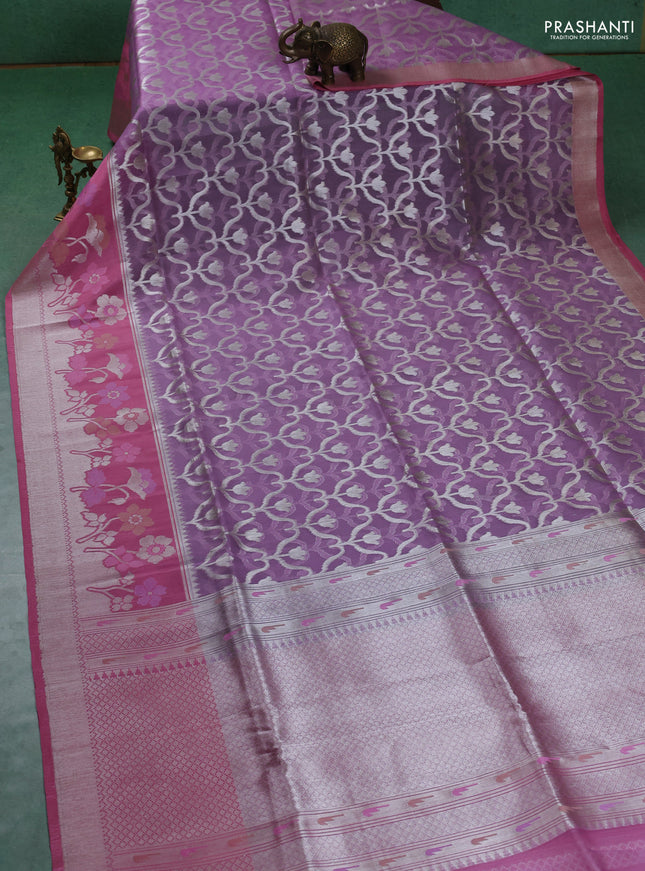 Kora jamdhani silk saree lavender and pink shade with allover silver woven jamdhani weaves and long floral zari woven border