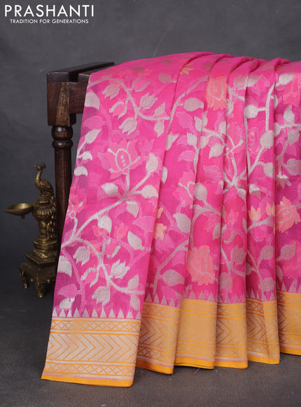 Kora jamdhani silk saree candy pink and yellow with allover silver woven jamdhani weaves and zari woven border