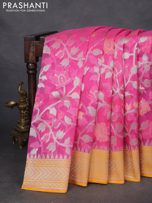 Kora jamdhani silk saree candy pink and yellow with allover silver woven jamdhani weaves and zari woven border