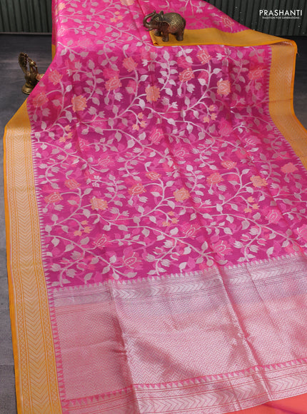 Kora jamdhani silk saree candy pink and yellow with allover silver woven jamdhani weaves and zari woven border