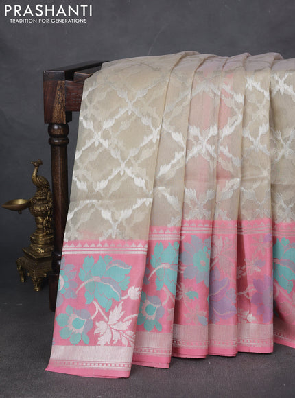 Kora jamdhani silk saree beige and mild peach pink with allover silver woven jamdhani weaves and long floral zari woven border