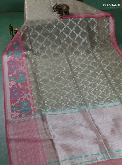 Kora jamdhani silk saree beige and mild peach pink with allover silver woven jamdhani weaves and long floral zari woven border