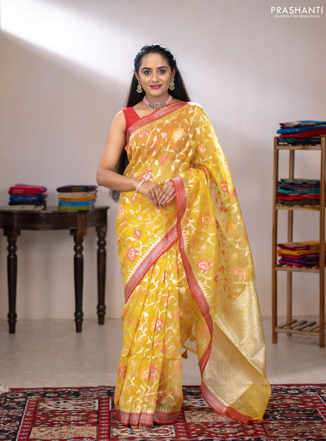 Kora jamdhani silk saree pale yellow and pink with allover silver woven jamdhani weaves and zari woven border