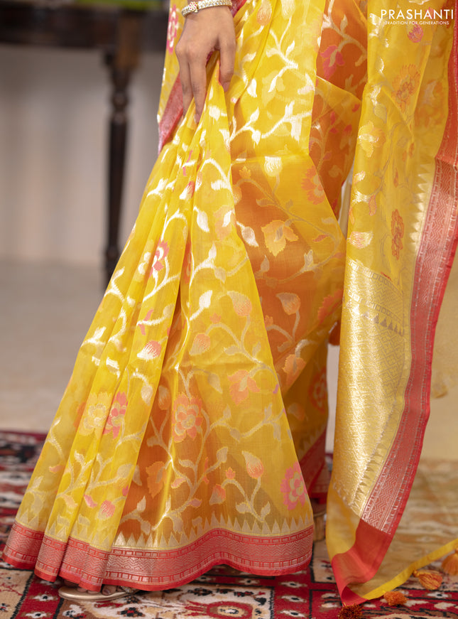 Kora jamdhani silk saree pale yellow and pink with allover silver woven jamdhani weaves and zari woven border