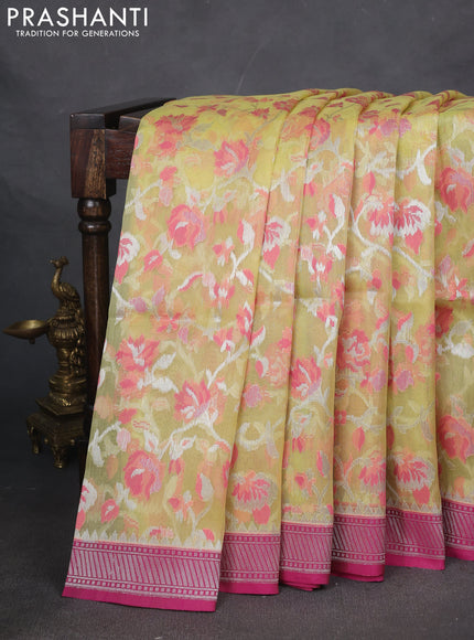 Kora jamdhani silk saree pale yellow and pink with allover silver woven jamdhani weaves and zari woven border