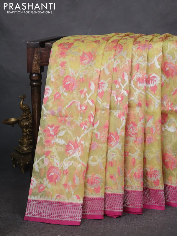 Kora jamdhani silk saree pale yellow and pink with allover silver woven jamdhani weaves and zari woven border