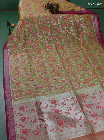 Kora jamdhani silk saree pale yellow and pink with allover silver woven jamdhani weaves and zari woven border