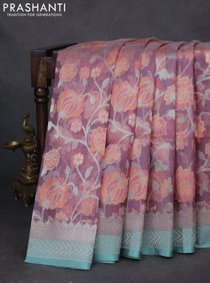 Kora jamdhani silk saree mauve pink and teal blue with allover silver woven jamdhani weaves and zari woven border