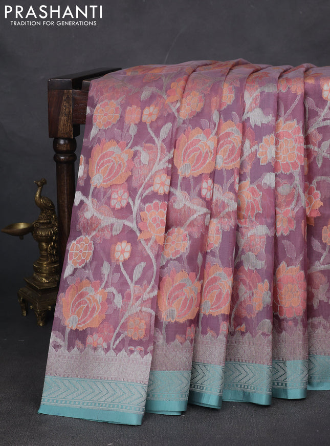 Kora jamdhani silk saree mauve pink and teal blue with allover silver woven jamdhani weaves and zari woven border