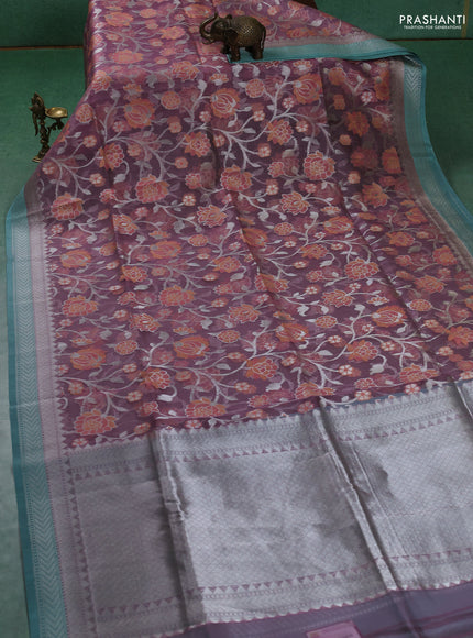 Kora jamdhani silk saree mauve pink and teal blue with allover silver woven jamdhani weaves and zari woven border