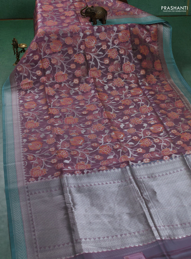 Kora jamdhani silk saree mauve pink and teal blue with allover silver woven jamdhani weaves and zari woven border