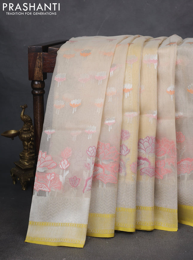 Kora jamdhani silk saree cream and yellow with allover silver woven jamdhani butta weaves and zari woven border