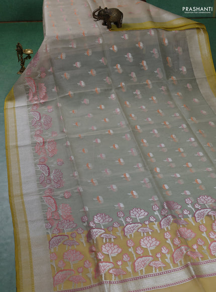 Kora jamdhani silk saree cream and yellow with allover silver woven jamdhani butta weaves and zari woven border