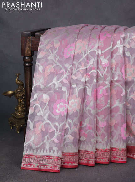 Kora jamdhani silk saree pastel lavender shade and red with allover silver woven jamdhani weaves and zari woven border
