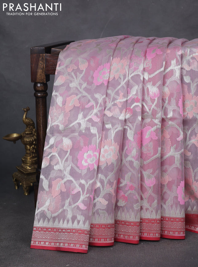 Kora jamdhani silk saree pastel lavender shade and red with allover silver woven jamdhani weaves and zari woven border